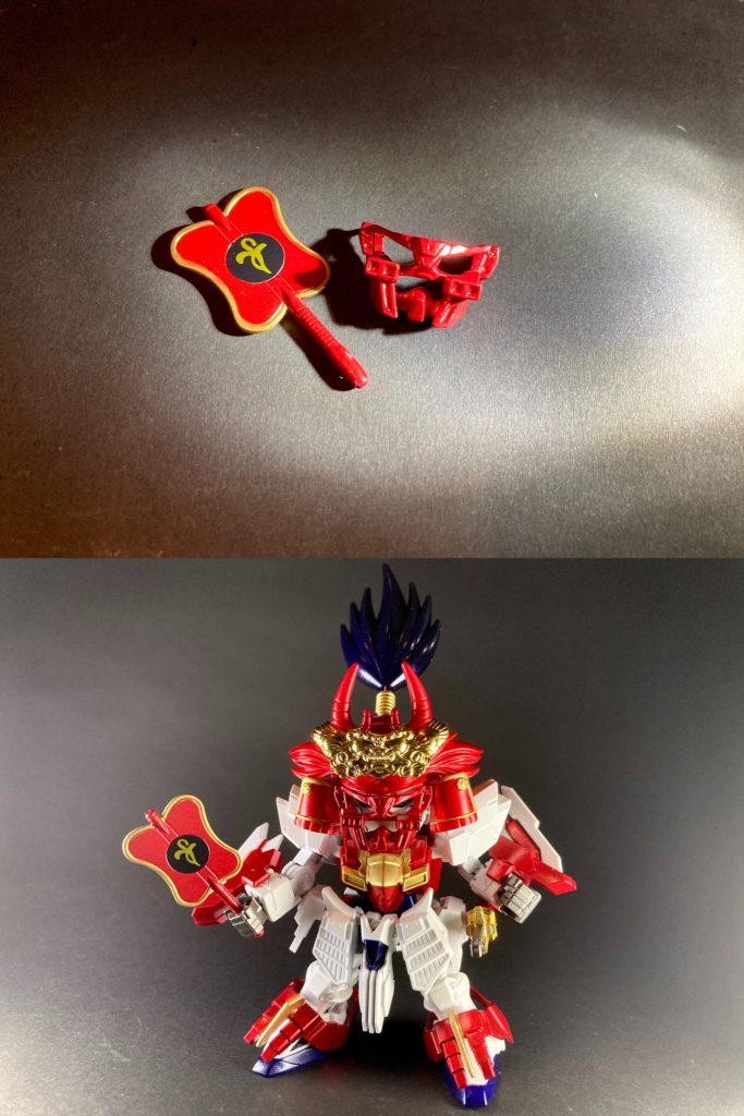 【諏訪法性院ブレイジング惣面】勝頼ブレイジングガンダム専用の惣面(マスク)型戦略演算支援ユニット。千変万化する膨大な戦略情報の的確な処理判断、巨大騎馬軍団の複雑な指揮系統の統率といった高度な戦略演算を強力にサポートする!「素晴らしい…まるで信玄公の精神が形になったようだ…!」