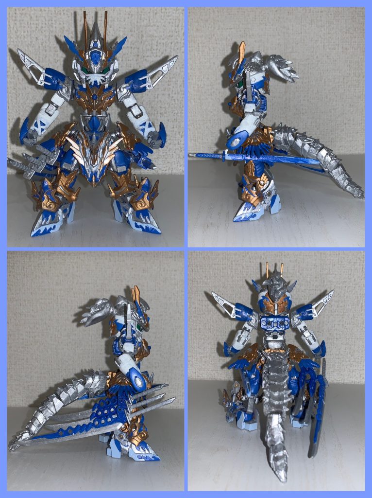 軽装タイプって感じです！髪の毛は余って固まってしまったパテを適当に組み合わせて作りました！龍の尻尾をイメージして、尻尾も一から作成しました！材料はモールと中に配線があるので、少しですが、可動可能にしました！肩パーツは悟空の肩にパテで繋ぎ合わせディスティニーのパーツを使用。腕はストライクの腕と佐助の腕をパテで繋ぎ合わせ、可動を可能にしました。腰、足には延長工作を施しています！足首も改造しております！改造やり出してから、初めての作業で不安要素が多すぎて、形にならず台無しになると思ってたので、制作工程の写真撮ってません。。。