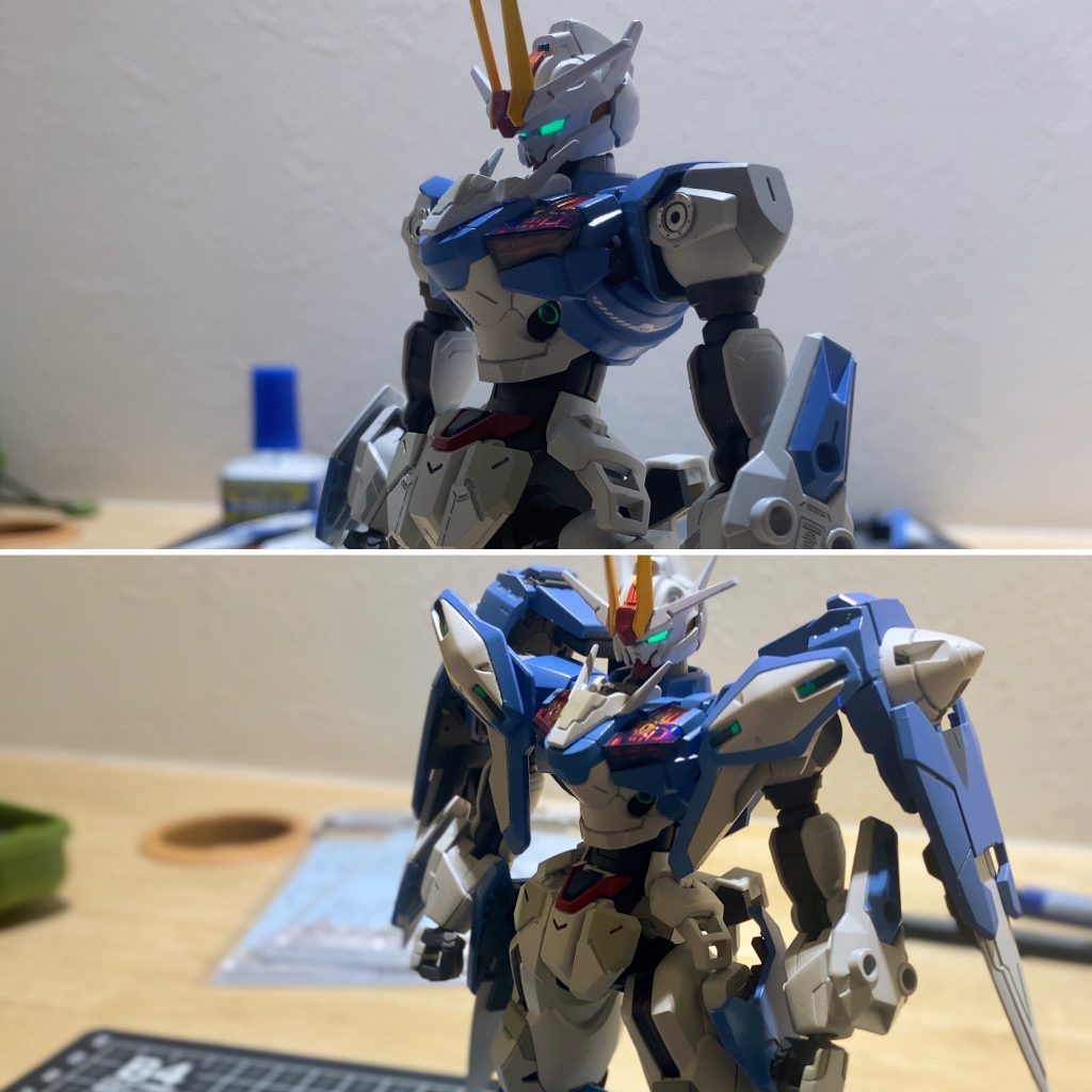 頭部制作途中で欠けてしまいましたが、リカバリでなんとか形になりました。修正の流れで以前製作したべギュリオスと同じように蛍光付箋(フィルムタイプ)を光らせたい部分に貼り付け形を合わせてカットして仕上げました。ブラックライトでやんわり発光します。※ただ今回の撮影ではブラックライトの光が負けてしまい、光らなかったです(残念)アンテナ部分は色分けをしてダブルオーに近づけました。胸部ダブルオーの胸部に近づけるためコクピットハッチを取り付けています。裏面にネオジム3mmを取り付けて着脱可能な状態にしております。※クラフタチャンネルのアイディアを真似させていただきました。肩部ツインドライブを背負う際、肩がエアリアルのままだと収まり悪く見えたため、出っ張ってない肩を探した結果ファラクトの肩が個人的によく見えたので取り替えました。ただ、肩と腕を繋ぐジョイント部分の長さが足りないため一度切断し3mm穴を開け、必要な長さに切ったランナーを差し込み、オプションパーツのスパイクの根本を使い長さを調整しています。次にファラクトの肩には謎の3m穴が空いているため、ネオジムをはめ込み、ガンビットを装着しました。