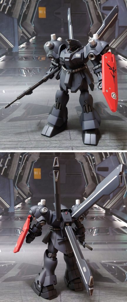 サイコ・ドーガの前後ろ。工作はいつも通り、エッジ尖らせ、穴開け、ヒケ・パーティングライン・段ズレの対処、市販パーツ貼り付け・埋め込みによるディティールアップ。他、ガンダムデカール：HG 逆襲のシャア用、ナイチンゲール用から何点か使用しています。■塗装レシピ黒：黒サフ→ファントムグレー→つや消し足首、武器類黒：黒サフ→メタリックブラック→つや消し銀1(ファンネル等)：黒サフ→シルバーリーフ→つや消し銀2(スラスター類)：黒サフ→シャインシルバー→つや消し関節類グレー：黒サフ→ブライトガンメタル→つや消しポリキャップ：PPプライマー→ガンメタル→つや消し武器類グレー：黒サフ→メタリックグレー→つや消し武器類赤：黒サフ→シルバーリーフ→MSレッド→つや消しビームサーベル刃：根本にベースホワイト→先端にゴールド→蛍光イエロー頭部モノアイ：トップコート後に市販パーツ貼り付けセンサー類：キット付属シール使用その他部分塗装、墨入れ：ガンダムマーカー各種→つや消し