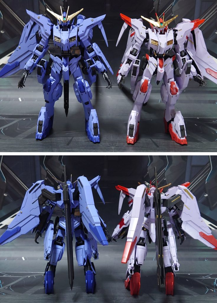 ほぼ素組み+ガンダムマーカー塗装との比較。■塗装レシピ薄紫:黒サフ→ラベンダー→つや消し青紫:黒サフ→ブルーバイオレット→つや消し金:黒サフ→ブラック→メタルゴールドガンダムフレーム黒:黒サフ→ガンメタル→つや消し武器類グレー:グレーサフ→黒鉄色→つや消しバスタードメイス(太刀)グリップ、ショートソードグリップ:黒サフ大剣刃:黒サフ→シャインシルバー→つや消し刀刃:黒サフ→シルバーリーフ→光沢その他墨入れ・部分塗装:ガンダムマーカー各種ツインアイ・メインカメラ:キット付属シールを使用
