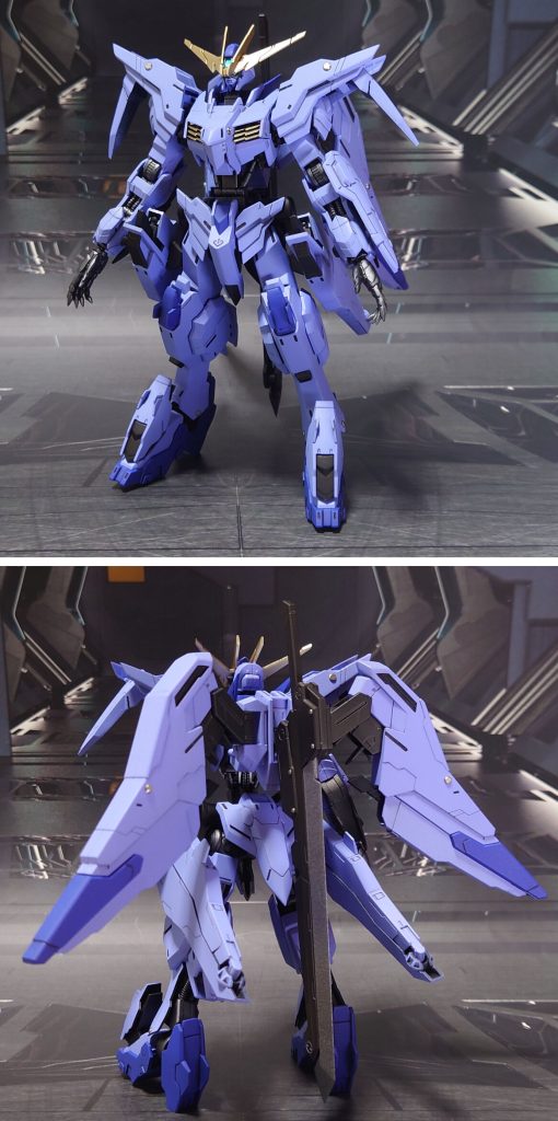 マルコシアス前後ろ。基本工作として、肉抜き穴埋め、エッジ尖らせ、市販パーツ貼り付け・埋め込みによるディティールアップ。更に、首関節を約2mm、上半身を腰で約4mm延長。手首を他社パーツに置き換え、メイン武器のバスターメイス&太刀に加えて大剣&刀を追加しました。