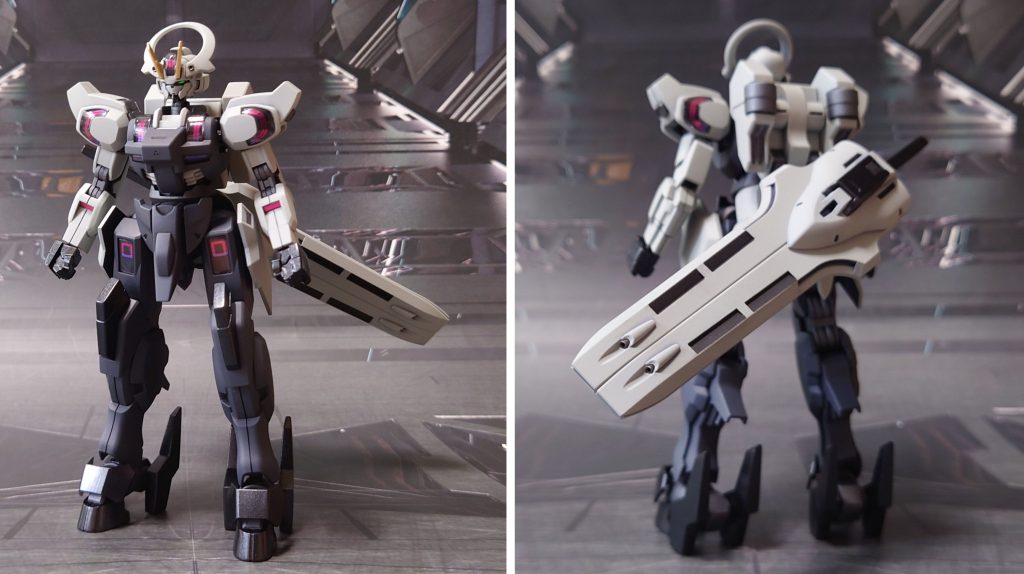 ガンダムシュバルゼッテ前後ろ。工作はいつも通り、肉抜き穴埋め、パーティングライン・段ズレ・ヒケの対処、一部パーツの合わせ目消し、市販パーツ貼り付け・埋め込みによるディティールアップを実施。手首は30MMオプションパーツに置き換え。フェイスパーツのスリット埋め、首関節を2mm延長しました。