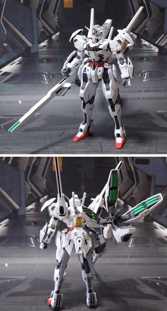 ガンダムキャリバーン・ビットオンフォーム(シェルユニット虹色発光)で前後ろ。■塗装レシピ部分塗装、墨入れ:ガンダムマーカー各種→つや消しクリアパーツ各種:光沢ビームサーベル刃エフェクト:根本側にMSホワイト→先端側にメタリックブルー→全体に蛍光ブルーシェルユニット(虹色):キット付属シールを使用シェルユニット(赤色):キット付属シールにリアルタッチマーカー・レッドで塗装