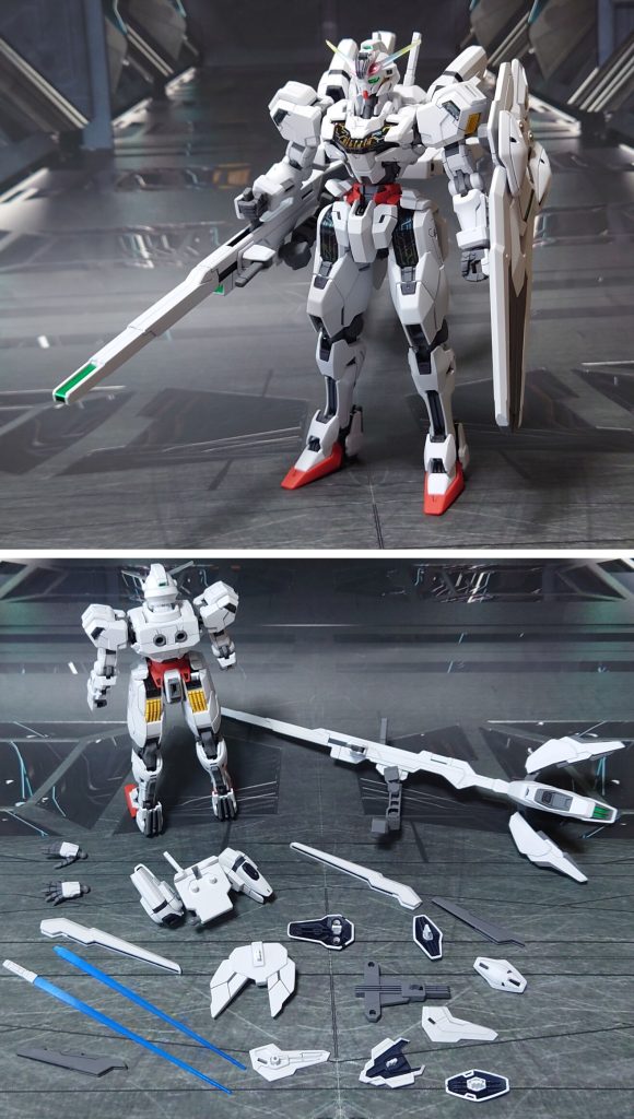 エスカッシャン・シールドモード装備と、付属品一式。平手はミラソウル社製フライトユニットから流用。手指の形状・成型色共に一致しており、無改造で使用可能。