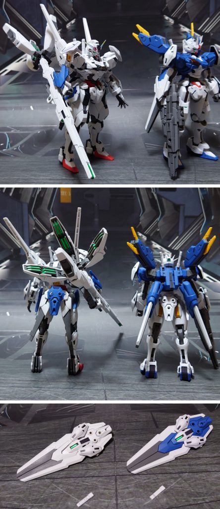 ガンダムエアリアル(改修型)とのビットステイヴ交換実験と、エスカッシャン・ビームサーベルの比較。ビットステイヴの形状は完全に一致しているので、無改造で交換・取り付け可能。ビームサーベルはグリップエンドの形状が少し変わり、グリップにモールドが追加されています。