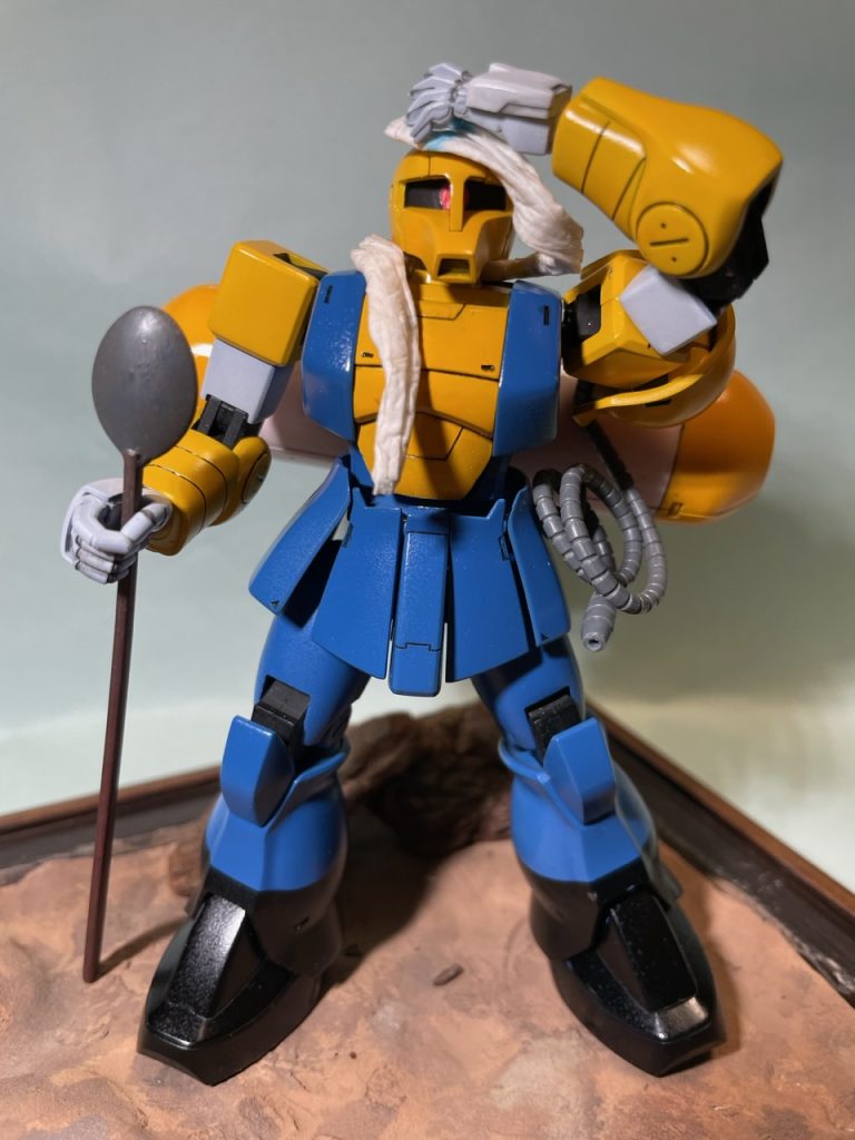 ジーンズにゴム長靴をイメージしたカラーリングにしました。モビルスーツが汗を拭くのかッ！？