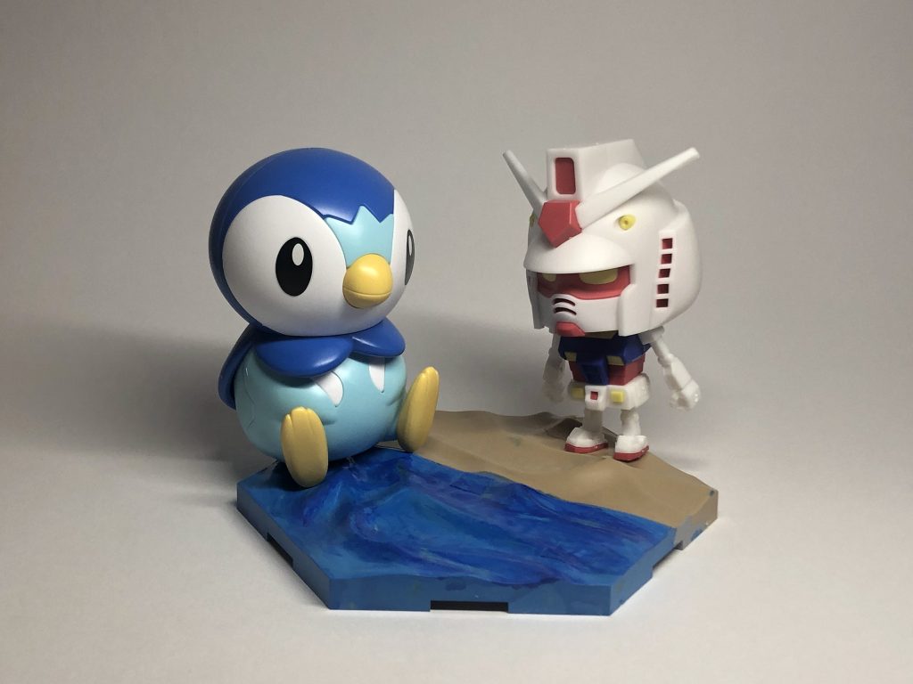 30mmのジオラマベースが1個しか手に入らなくてポッチャマしか置けなかった笑3個くらい連携させて魚とか木とか追加したかったんだけども。