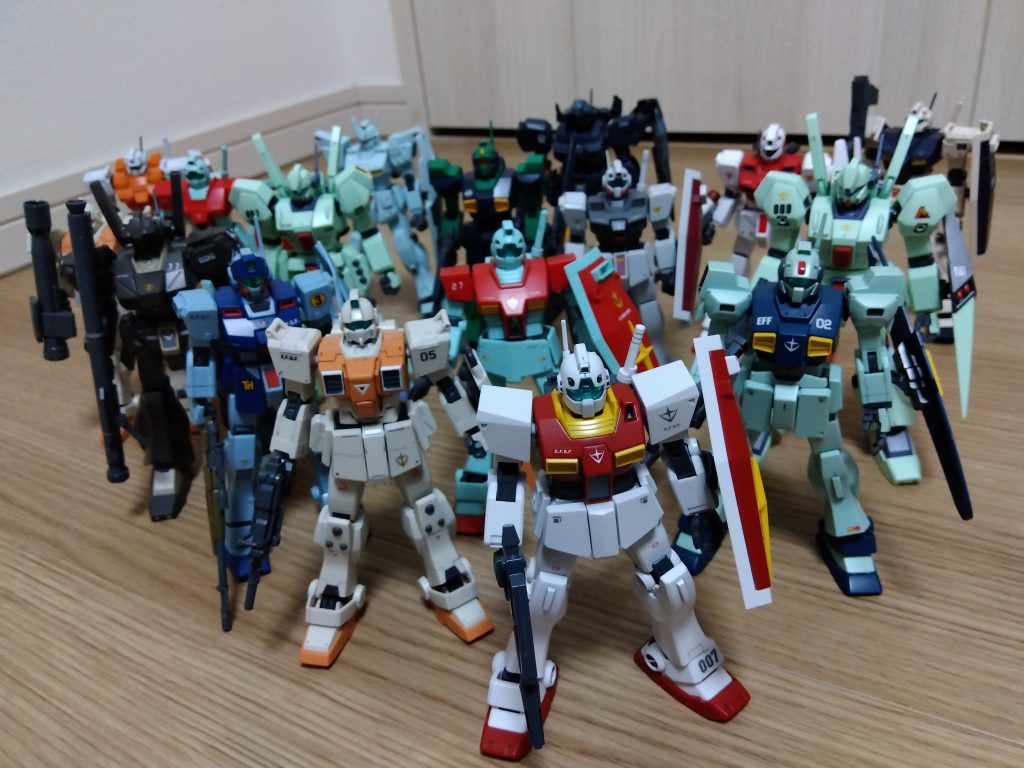 ジム系MSを並べてみました。ネモ(UC版)、陸ジム、スナイパーII、ジェガン、ジェガン(エコーズ)など。