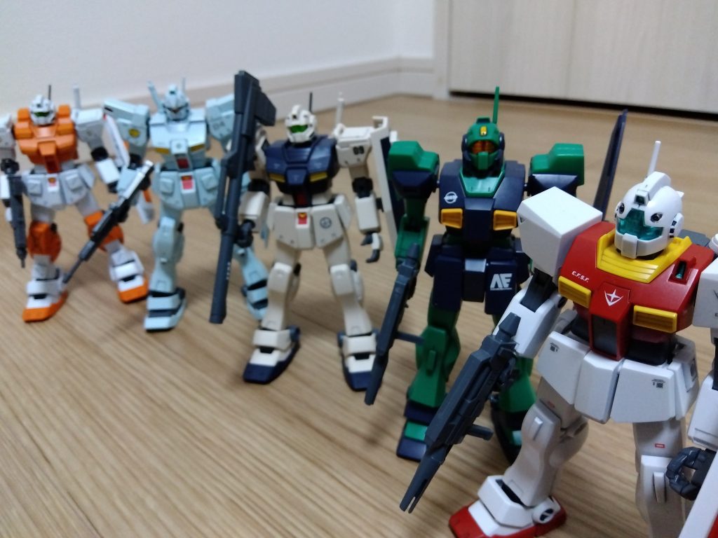 時代的に近いジムたちと。ネモ、ジム改、カスタム、パワード。