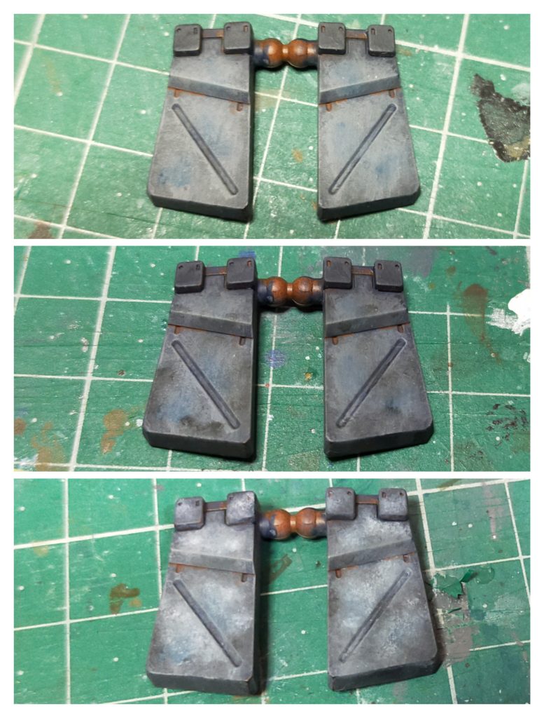 外装全体にウェザリングカラー青、黒、白で汚れ＆退色表現。何度か繰り返して納得のいく塩梅に仕上げていきます。