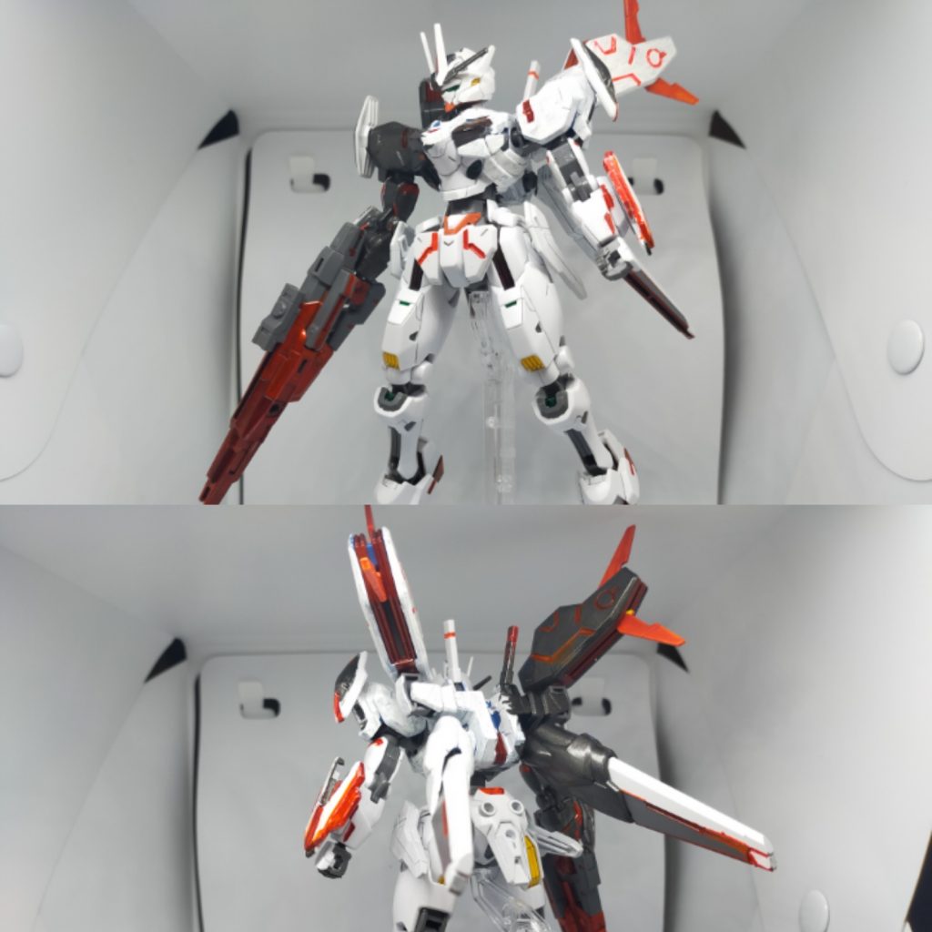 カラーリングモチーフはガンダムキャリバーンとクワイエット・ゼロ。イメージ的にコッチのほうがキャリバーンの怪物らしい。もののけ姫のアシタカとか幽遊白書の飛影みたいな右手の呪い（邪気眼系）の中二病設定。