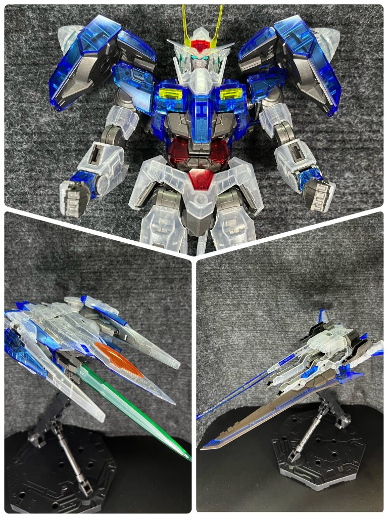 ダブルオー、オーライザー、ザンライザーと3つ作成するのは、なかなか大変でした。クリアだと透けて迫力が落ちるかなと思いましたが、思った以上にいい出来でした。