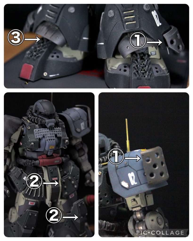 現地改修その1、追加装甲です。① コトブキヤのエクスアーマー(だったと思います)で耐久力強化のイメージで装備しています。肩はマグネット接続、足元は3ミリ穴を開けて接続しています。② 簡易な耐久力強化だったり、補修のイメージでプラ板とボルトパーツで装甲を追加しました。③ ミキシングの関係でちょっと隙間が開きすぎてる気がしたので、マラサイとかの装甲をイメージしてパーツを追加しました。多分ドムの肩の内側の赤いやつだったかなぁと思います。