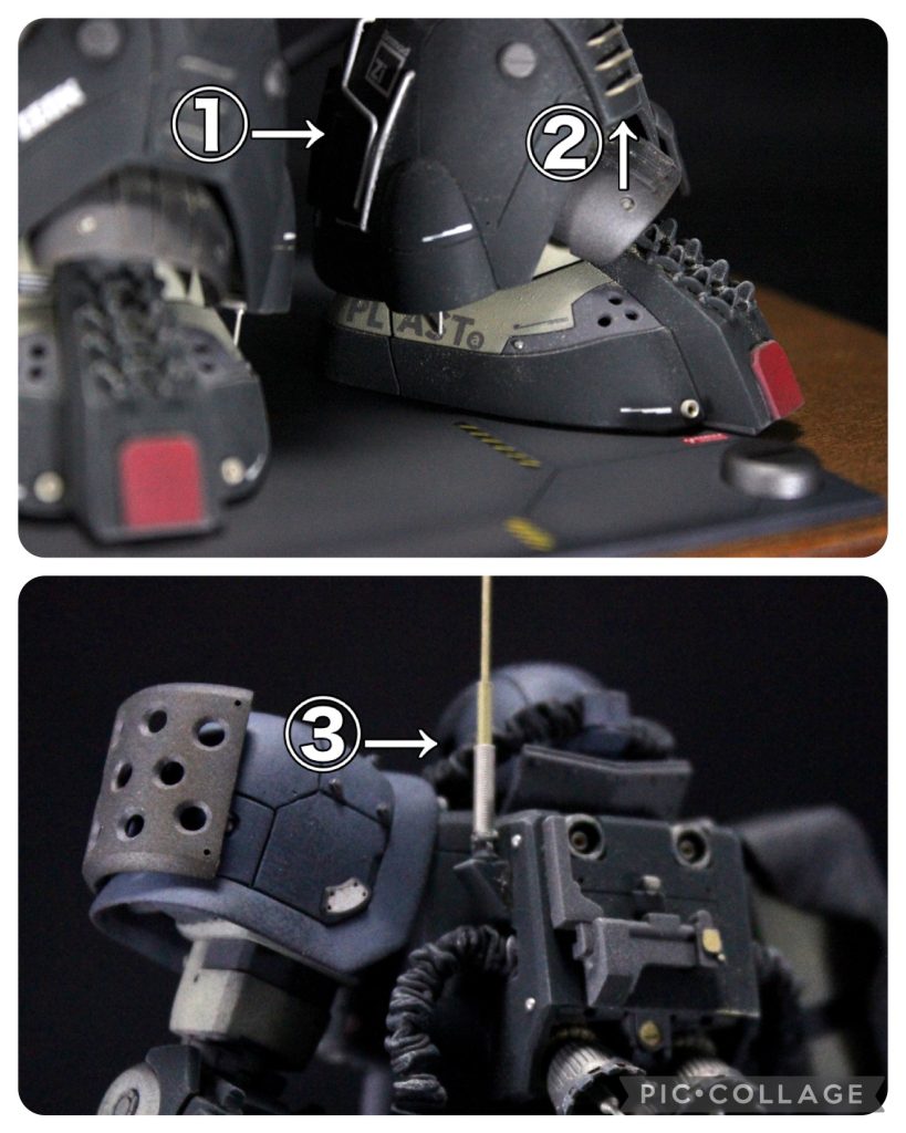 現地改修その2、金属線たちです。①排気なのか動力源なのかはわかりませんが、何かが流れているパイプのイメージです。0.8mmのアルミ線を使用しています。②戦車のスラット装甲的なイメージで0.5mmの真鍮線を使って表現してみました。もう一箇所、フロントスカートにもこんな感じのものがあるんですが、載せ忘れました(他の写真で見られると思うので見つけてください)③前作のジムスナでやり始めたアンテナです。真鍮線、真鍮パイプ、スプリングを組み合わせるだけなんですが、結構リアルな感じするなぁとご満悦ポイントです。