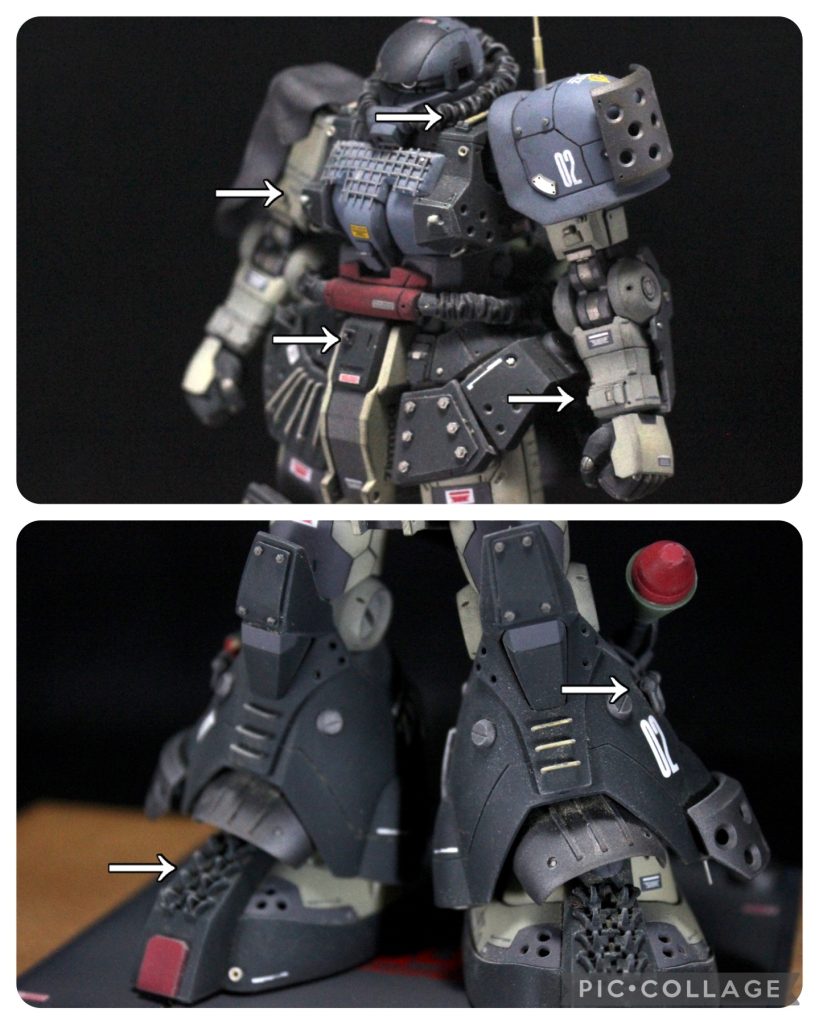 現地改修その3、AFVのパーツたちです。フライトタイプ、ジムスナでもある程度練習していたのはこのためでした。と言わんばかりに各所に追加しました。とにかく細かいパーツなので塗装前に瞬着で接着し、塗装後に一部部分塗装くらいで勘弁してもらってます笑…2枚の写真を並べてみたら偶然全身写真みたいになってますね、これ笑