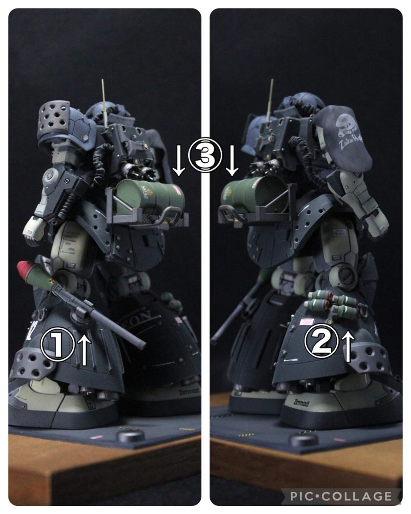 現地改修その4、追加装備です。①シュツルムファウストは基本的に在庫を切らさないようにしていまして、できることなら装備させたいと思っている、自分の性癖ですね。ちなみにこれはガンダムベースで売ってるタイプのやつで、パーツが分割されているので塗り分けが楽で助かります。②F2ザクについてくる手榴弾?なんですが、いつも使わずに取っておいてたので、ここで使用。塗り分けに悩みましたが弾頭が4ミリとわかり、偶然4ミリ穴が空いているものを見つけたので無事マスキングできました。③なんかシルエットが変わるくらいの現地改修感のあるものできないかなぁと考え、腰になんかのタンクとラックを追加してみようとやってみました。タンクは以前ジオラマでも使用したもの、ラックはいろんなプラ棒で簡単に組んだだけですが、今見るとボルトなりリベットなりあってもよかったなぁ…。