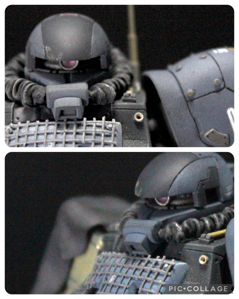 スペシャルサンクス①、モノアイレールです。以前から使用している「あすぱら模型」さんで、ハンドパーツを購入した際についてきたおまけのモノアイレールがどうやらリバイブザクなら無加工で付けられることを知り、わざわざ積みから頭だけ持ってくるくらいにはこのモノアイレール、お気に入りなんです。モノアイ部分は初めてHアイズ使ってみました!ガンプラ始めてから1年半、ザク系を15体くらい作って初めてモノアイにちゃんと向き合ってます。おそらくキットのままのモノアイの感じが嫌いだったんだと思います。