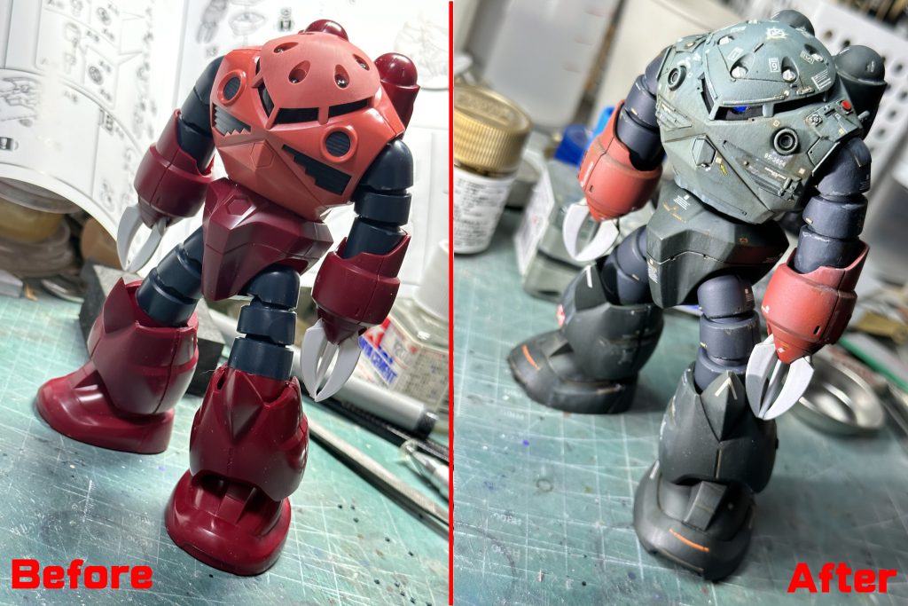 ビフォーアフター。ご覧のように、プロポーションはそのまま。各部の解像度を上げることを意識して弄ってみました。モノアイは水中フィルタを装備しているためブルーという設定を考えていましたが、全然映えないのでいつもどおりピンクに塗り直しました。1年戦争時代の機体はどれも良い出来だわ。