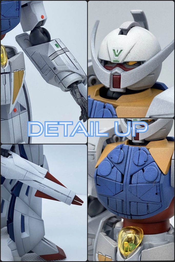 お顔はヒゲ先のフラッグを切り落として若干シャープに、ツインアイは蛍光イエロー塗装の上にHiQパーツミラージュレッドを貼っているので、結構奥まっているのですが、しっかり光を拾います。胸部のパネルは開閉を再現するため丸ごとプラ板で作り直し、表面の幾何学的なパターンをプラ板とスジ彫で。MG版を参考にしました。腕の側面は型抜きの都合でパネルラインがないので、ここもMGを参考にスジ彫。ビームライフルの筒先は切り落とし、0.3mmプラ板3枚の積層にしています。2層目を小さくする事でスリットを作りました。狭すぎて写真では見分けられないですが、プラ板を差し込んでビームを表現できます。