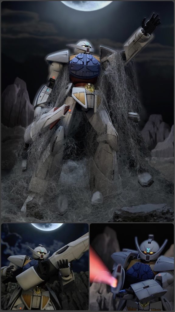 ※ここから先はいつも以上に長いオタク語りです。 興味のない方は読み飛ばしてください。機械文明が滅亡し、2千年かけて回復した地球で再び産業革命が華開こうという時期、月で地球の回復を待っていた人々、ムーンレイスの帰還から始まる物語。圧倒的科学力の差を解せず果敢に挑んでくる地球側の狂気に反発した巨大MSのパイロットが放った反撃のビームは敵機を霧散させるも街を焼き払い、岩山に着弾。爆発の振動で崩れた神像ホワイトドールから出現し、自動応戦した機械人形が∀ガンダムです。産業デザイナーシドミード氏による斬新なデザインは、こんなヒゲはガンダムではないと酷評されますが、放映が開始されてビックリ、作中の登場人物達も皆ヒゲヒゲとバカにし放題😅9話で初めて冷凍刑から服役した敵兵コレンがガンダムと叫びますが、即座にディアナ様に「ガンダムにお髭がありますか?」と諭されてしまう始末…その後も大体ヒゲです。因みに発掘時に携えていたビームライフルは初回の応射で砲身が融解、しばらく武器無しになります。