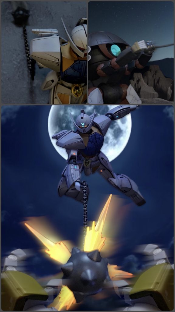 環境適応試験の検体として2年前に地球に降下したロラン少年は、出自を隠して地球人として生活していますが、和平を潤滑に進めるために地球にも戦力があると見せる必要があるとのグエンの説得で、∀のパイロットになります。6話忘れられた過去で∀用の地下武器庫を発見するも、大量の武器は風化して崩れ去ります。唯一残った武器を見たロラン「ふざけてるのか?あれだけあってなぜこれだけが…」味方の危機に颯爽と駆けつけ、月光を背に放たれるガンダムハンマー。「いかにも蛮族がやりそうなことを!」巨大MSウォドムにガッチリキャッチさ…ロケット噴射で高速回転!巨大な手を振り払ってボディに突き刺さり爆発、ウェポンコンテナを失ったウォドムを撤退させます。「なんなのこれ…」終始ひどい言われようですが、まさかのハンマーに当時テレビの前で大興奮でした😆