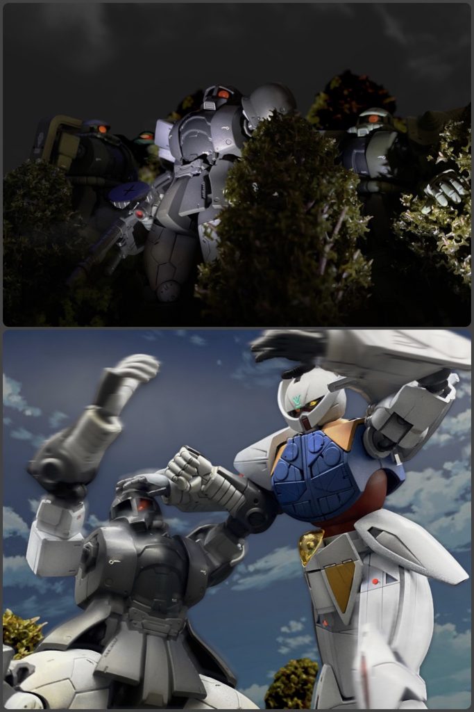 ∀の魅力の一つ、いわゆるクロスオーバー。実は宇宙世紀の先の世界であり、地下から旧文明のMSが見つかります。イングレッサ領から掘り出された球形の機械人形は、残されていたメモからカプルと命名。同様にルジャーナ領から発掘され、盟主の名に因んでボルジャーノンと名付けられた機体はみんな大好きザク!先頭の隊長機はエースカラーの特別機です…知らなければこうなるんですかね😅∀に力比べの勝負を挑み、ボルジャーノンの力を見せつけようと意気揚々のギャバン隊長。「見かけほどの抵抗力はないと見た!」…ですが、数話でしれっと一般機に乗り換えています。作中で特に語られていないのですが…気づいてしまったのかもしれませんね。