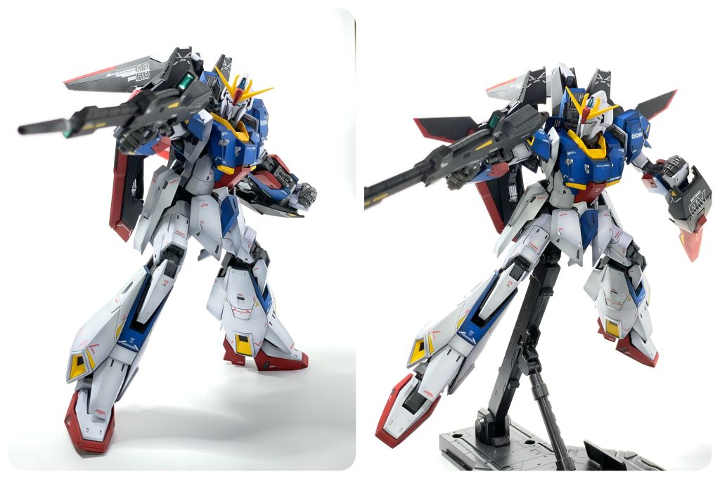 ビームライフル構え。Zはポージングが難しい。キットの可動域は申し分ないので、Zガンダム自体のデザインの問題だと思う。あと、このキットについていえば、Zによくあるビームライフルの後端を脇に挟むポーズがしにくい。右肘を曲げてビームライフルが構えられない。ビームライフルが大きめなのかな?