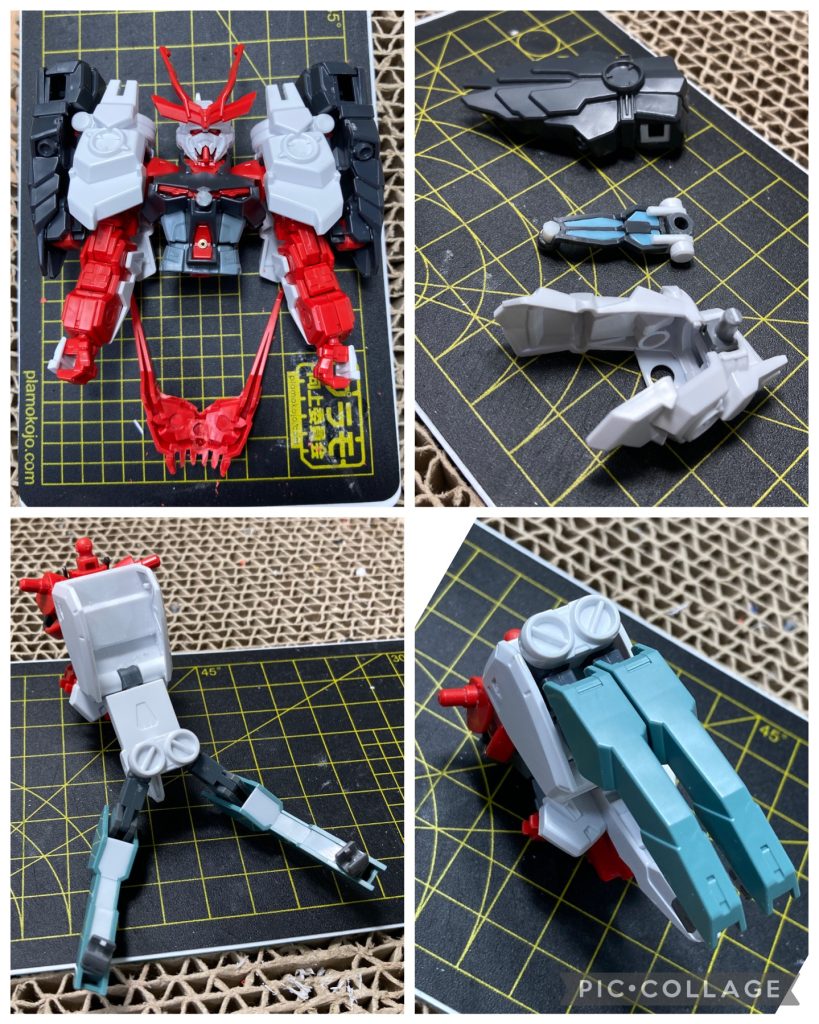 ・制作途中盾は口で上下に分け、それぞれ裏面に3mm穴を上下に2ヶ所開け、プラ棒で固定します。展開時は差し替えします。肩のサブアームはMGと同じ接続にして可動範囲を増やし、肉抜きは埋めました。頭とヒザは後ハメしました。モモは接続部分で上下に延長してます。