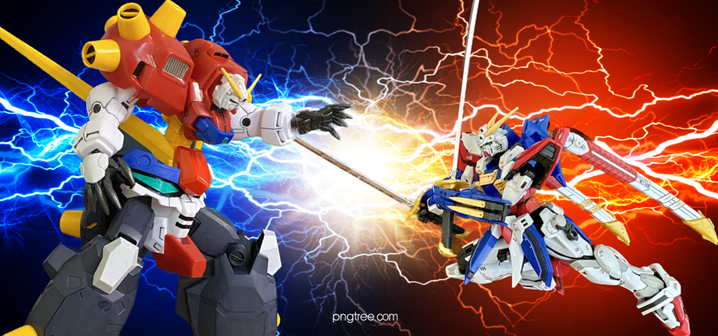 次は前回ご紹介したデビルガンダムの「宿命対決」を演出してみました。この2色の雷背景も一目惚れです♫デビルに向かって突進するゴッド‼️いやぁ、映えます（笑）