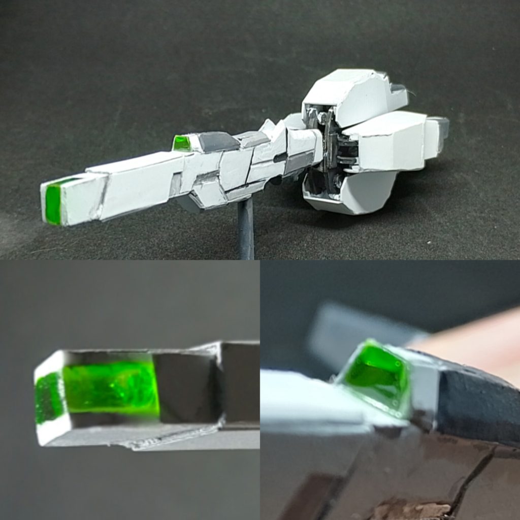 バリアブルロッドライフルバリアブルロッドライフルはガンプラから切り出した1cmプラ板とフレームパーツで製作銃口とフロントサイトはUVレジン製でクリアグリーン塗装。