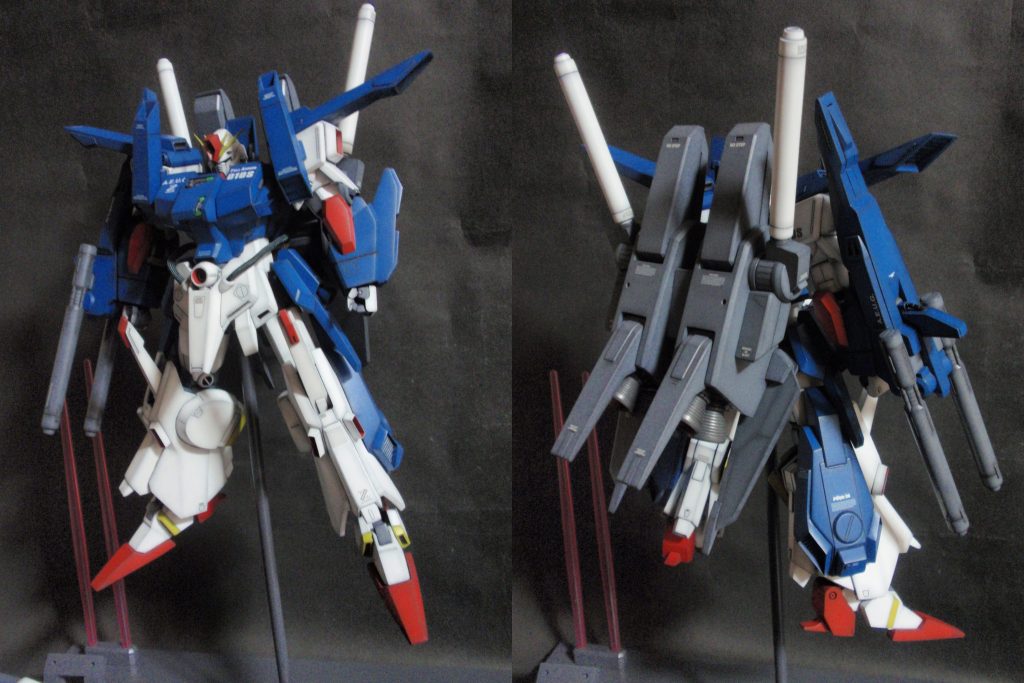 FA状態でのプロポーションを重視したので、アーマー脱着不可・変形不可となりました。各関節は生きています。設定的にはFAZZの方が当てはまるのですが、当時手元にあったのはこっちだったので・・・お気に入りMSの一機だったりするので、当時としては徹底的にやったつもりです。