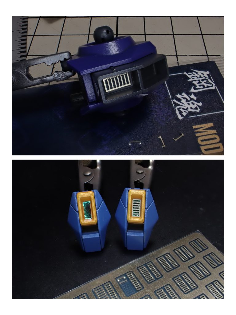 他にもエッチングパーツをスラスターっぽい所に貼ったり、センサーっぽい所のミラージュシールの蓋にしたりとサイズ調整しつつ活用してみました。