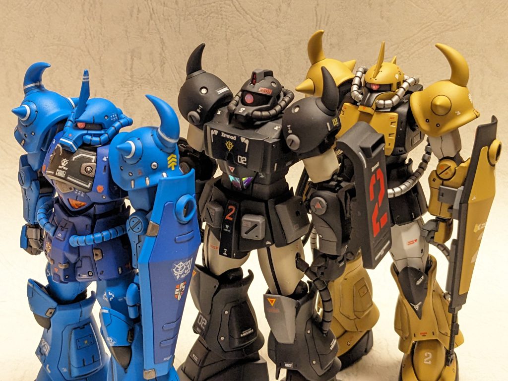 プロトタイプグフ兄弟と、リヴァイブグフ。三者三様、それぞれに個性があってどれも好きですね。