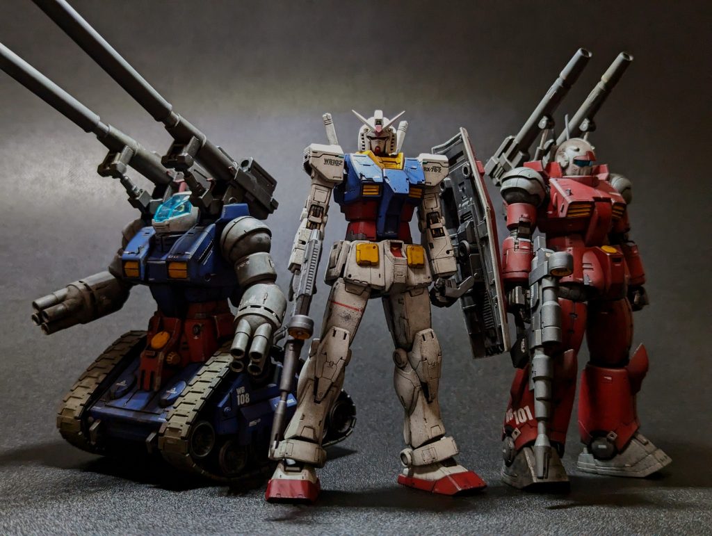 宇宙に上がってからの3機体を想定して、宇宙汚れな感じで仕上げました。3体とも自分好みにスタイル改修を行い、うるさくない程度にディテールアップ、変更しました。