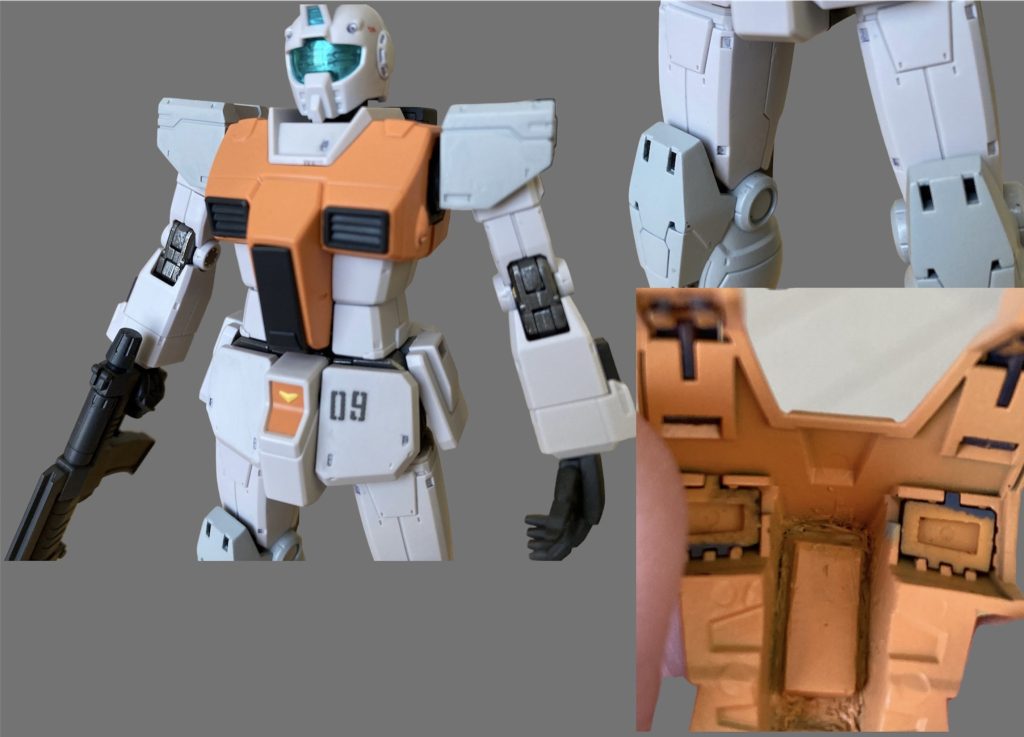 簡単に取付けられると思いきや、肩や脚は形状が異なる為、ガンダムから移植胸部アーマーは一度裏側の接続部分を削り取ってプラ板を重ねて取付けられるようにしました。アーマーを付ける時はコクピットの黒いパーツは外しますが、それ以外はそのままパージ出来るようにしています