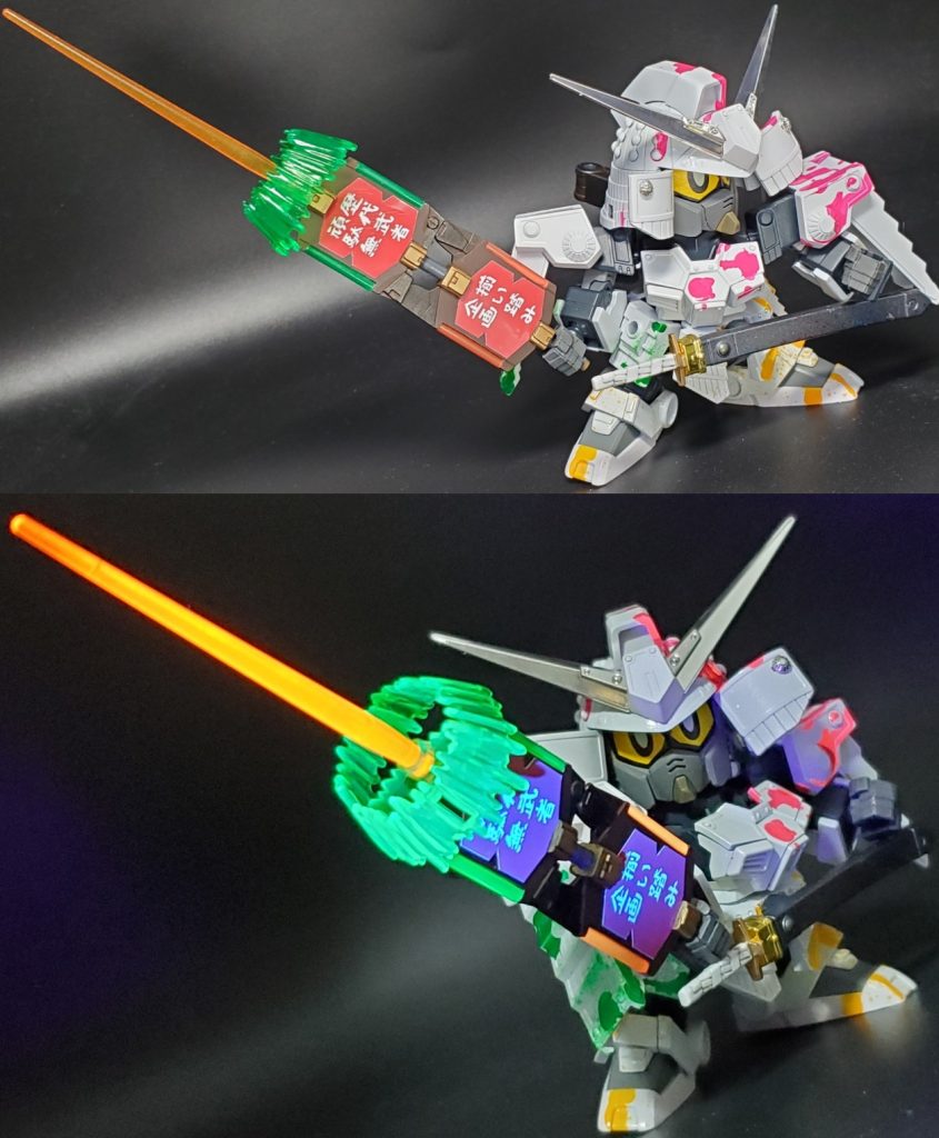 連結状態した幟モードではロングビームサーベルとして運用できる。「歴代連名斬り」 ロングビームサーベルの出力を最大にすることで放たれる強力な斬撃は #歴代武者頑駄無揃い踏み企画 の参加作が増えれば増えるほど威力を増していくと言われている。「これさえ持っていれば大抵の場合なんとかなるでござるよ」