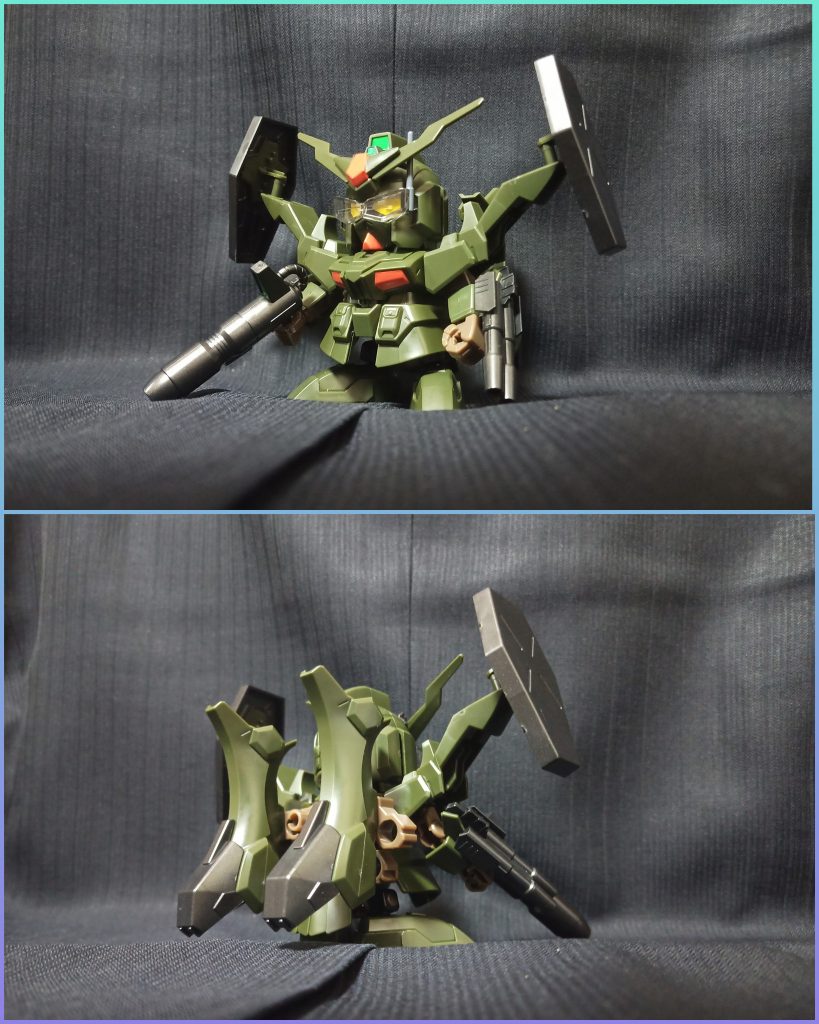 SDこまんどがんだむ前から後ろからこちらも目はプラ板に貼り付けからの差し替え選択可能にしましたそしてこのガンダム、今まで黙ってましたが何と何とボディ各部を分解して!(もうええて…)