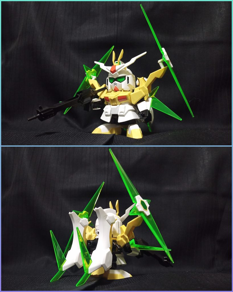 SDすたーういにんぐがんだむ前から後ろからです塞がってる銃口をピンバイスで穴開けしたぐらいで特に可動や塗装で工夫したとかないですが…