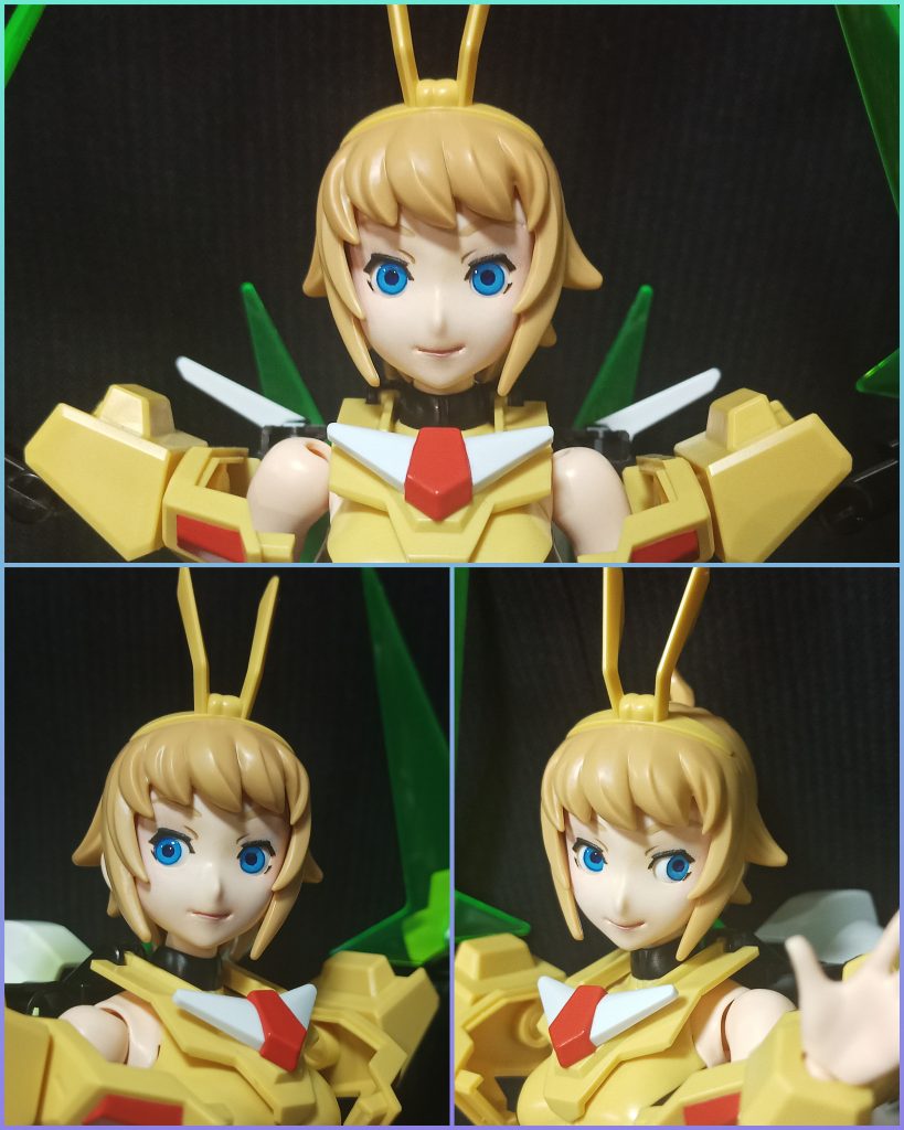 顔はUVレジン加工BB弾によるカメラアイ可動と、口のニンマリをちょっと抑え頬や顎周りを好みで若干ヤスって目元周りや頬をほんのり化粧しています眉の位置はもう少し低い方が好みなんですが今回はキットのパーツを盛り上がるように調整して接着した後ヤスって段差を無くすに留めました(なのでしっかり成型色です)