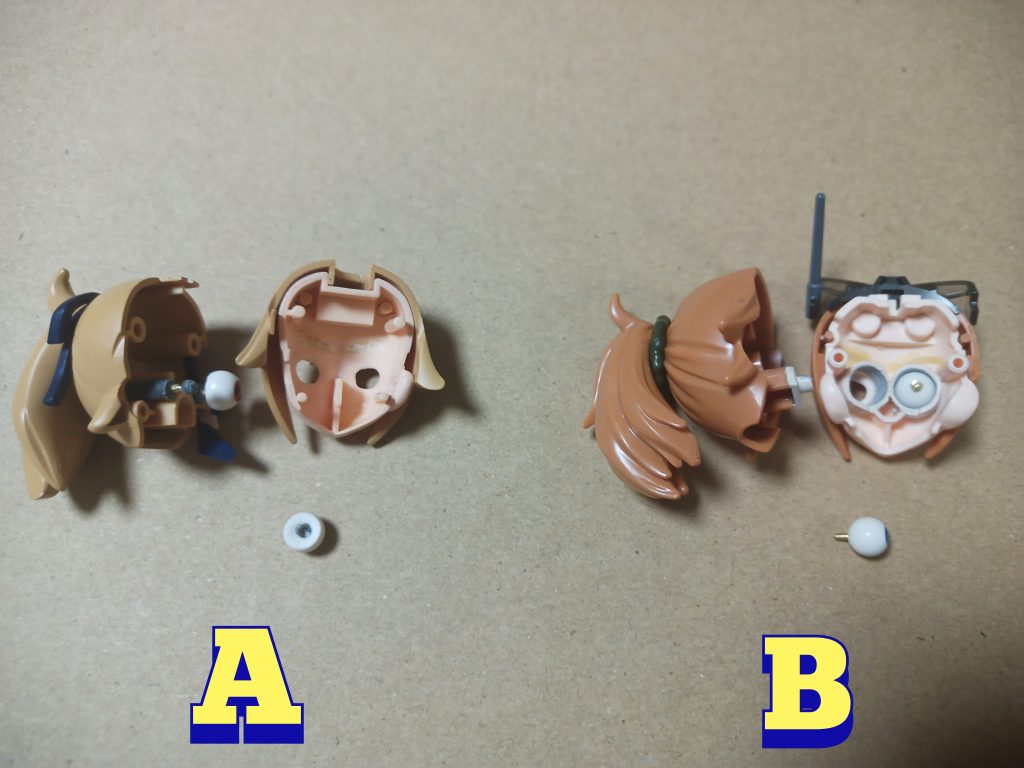 ちなみに目の可動ですが以前作ったアクシズエンジェルVer.とは方式を変えてみましたA(以前の方式)=ボールジョイント:特徴①加工が簡単(フェイスパーツが複数ある場合は更に楽)だが目を複数パターン作る場合互換性持たせる加工は面倒②可動範囲は若干狭めだが目の間隔が6mm未満のモデルにもBB弾の加工形状次第で対応可能③目を動かす都度の位置合わせが面倒だがツマミ部分がないので頭部の内部構造と干渉しないB(今回の方式)=ハメ込み式:特徴はAの逆こうして見るとどちらもそれなりに長所短所ありますが特に③のデメリットが自分的にはかなり大きいので以降は過去作の作り直し含めBのハメ込み式に落ち着きそうです^^;