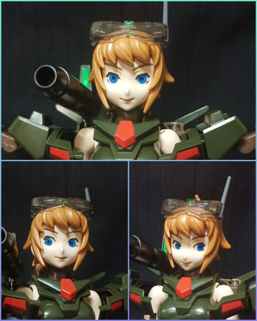 フミナのキットはこの辺りになると顔もそれなりに可愛くなってるので (以前のキットはあんまり可愛くなかったみたいな言い方やめぃ)、弄ったのはUVレジン加工BB弾によるカメラアイ可動、眉を埋めて描き直し、顎下のがっつりパーティングラインを消したぐらいでコマンドらしく特に化粧もせずとなっています(同じような仕上がりの顔作っても飽きちゃうと思うので)瞳の虹彩の色は濃くなった髪色に合せてういにんぐふみなより若干濃いブルーにしてみました(^^)