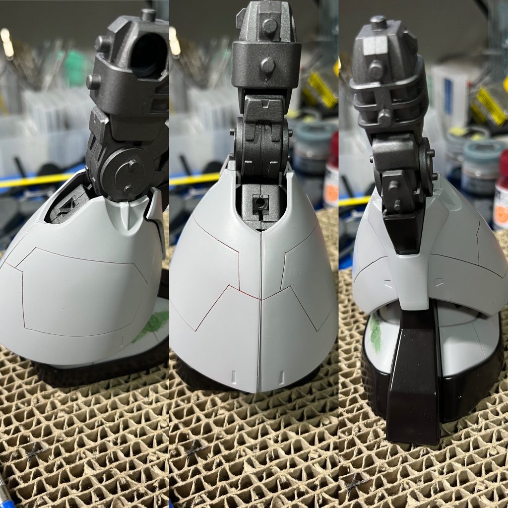 スジボリ追加です。特に足の部分は広い面にスジ入れていくのでラインパターンの検討に苦労しました。