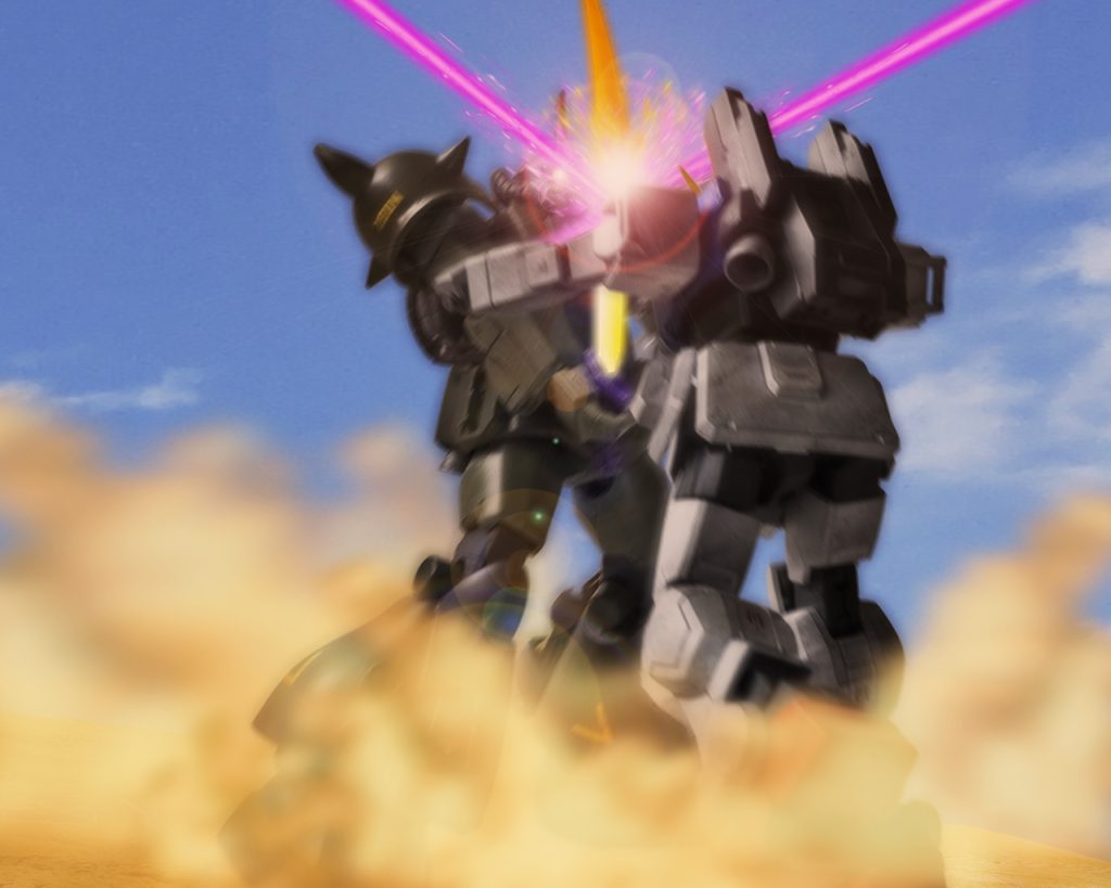 「さあ来いっ!受けてやる!」これに気づいたグフは迷うことなくヒートサーベルを抜いた。「その意気込みは気に入った…。買ってやる‼」オリバーはヒートソードを振り上げ陸戦型ガンダムに斬りかかる。「やってみせるさ!」シローは唾を呑むと全神経を集中させる。グフは加速したままヒートソードを振り下ろすとシローはそれをビームサーベル2本で食い止めた。「ほう、これを止めるかっ?!」オリバーはこの展開に息を荒くすると力づくでガンダムを押し倒そうとする。「踏ん張れっ!気持ちで負けるなっ!」シローはそう自分を鼓舞するとコントロールレバーとフットペダルを駆使し機体の姿勢を保つ。すると押されていた陸戦型ガンダムは止まり反転攻撃に移る。陸戦型ガンダムはバーニアを吹かし今度は逆に押し返すとグフは後退し動きが一瞬止まる。「やはりそうかっ!」シローが突いた弱点は「瞬発力」であった。熱格ジェットエンジンにより高速移動を可能とした分、その速さに乗るまで時間が掛かり突発的な動きに対応しづらい。だからグフは動きを止めない一撃離脱戦法を主とし機動力を殺さず攻撃をしていたのだ。するとシローはバーニアの出力を全開にし上空に跳び上がる。