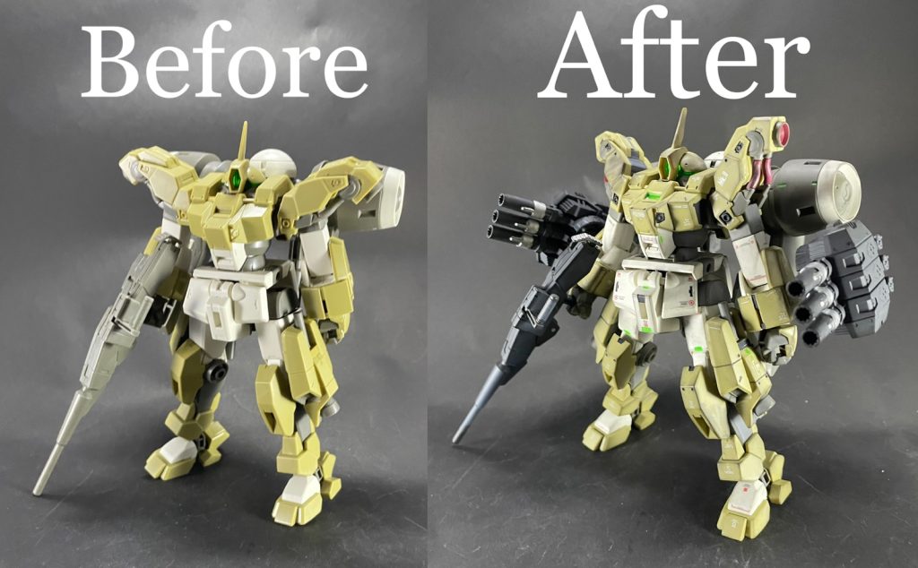 ビフォーアフター！本体より、追加武装にお金がかかってますが、なんとかまとまってくれたかなと思います🤩