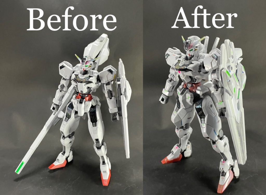 素組みとのビフォーアフター！白色よりも濃い成形色の部分が、究極レインボーの効果が出ています🌈