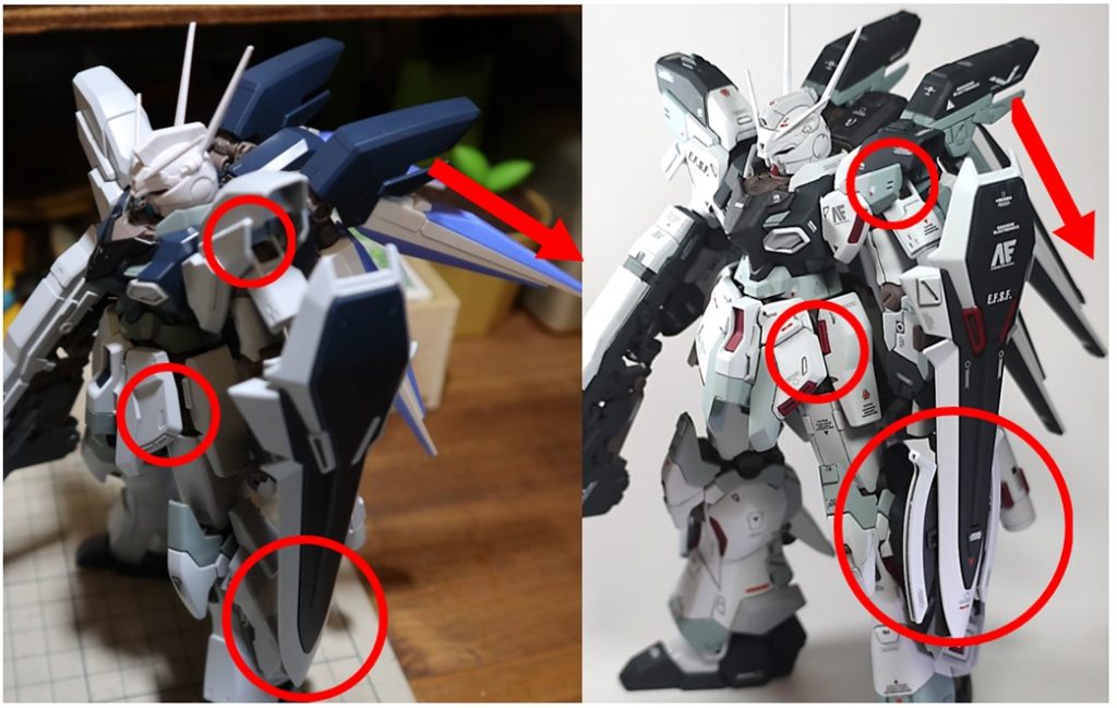 外観だけ捉えたときに,RGとの大きな違いは「装甲の厚み(プラの厚み)」だと感じたので,「ショルダーアーマー」と「フロントスカート」だけプラ板で分厚くしてみました。プラ板による延長工作は初めてでしたが,何とか誤魔化せました。その他,大きな工作は…・フィンファンネルの取付角度の変更(RG Hi-νを意識して)・シールドの武装追加(先述の違和感,設定から)・エングレービングの消去(やすりでゴリゴリっと…)ぐらいです。前作のRG福岡νガンダムも,今回のHGシナンジュスタインもスタイルがよくて,ミキシングだけで滅茶苦茶楽しめました!