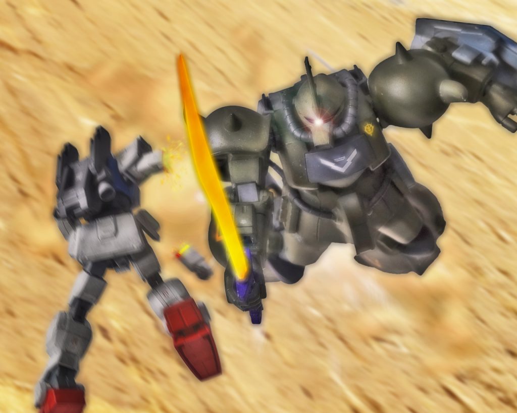 「貴様のような感の良い奴は野放しに出来ん!」グフは落下してくる陸戦型ガンダムに対し真正面から斬りかかる。シローはカレンの狙撃が外れ、グフが自分に向かって来るとは思わず僅かだが判断が遅れた。「くそっ、体勢が間に合わない!」すれ違いざまにグフの一撃はガンダムの右腕を切り落とすと振り返りホバリングの様にその場に浮遊する。そのまま落下するガンダムを見下ろすと次は仕留めるとばかりにもう一度ヒートソードを構えた。