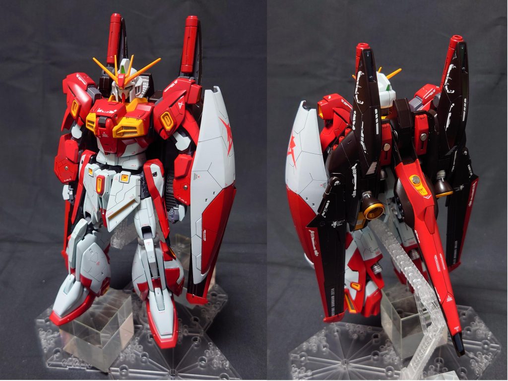 基本装備です。濃紺のところを、ちょっと濃い目の赤に装飾変更。B.W.Sの紫はZ系のバックパックというかウイングに寄せて、赤を混ぜた黒へと変更しました。その他、スジボリをちょこちょこ追加、メタルパーツもちょこちょこ追加しました。