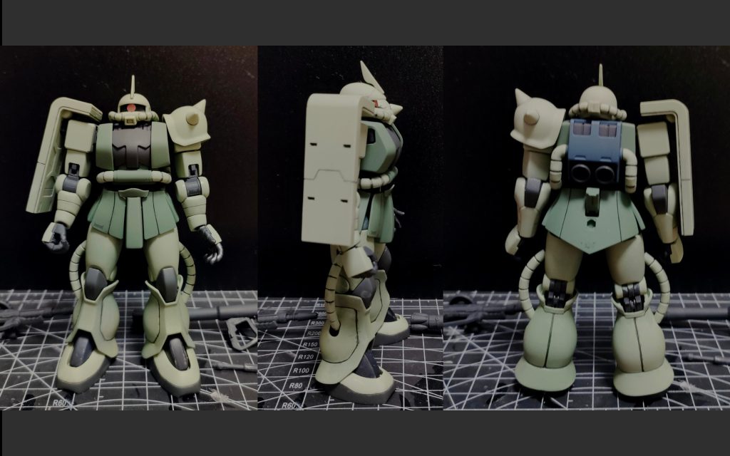直立で３方向からの写真です。脚部の合わせ目消し、着色が大変でした。ムラができてしまい、スミ入れも上手にできなかったのが反省です。次回はデカールも使ってディテールをアップさせたいです。